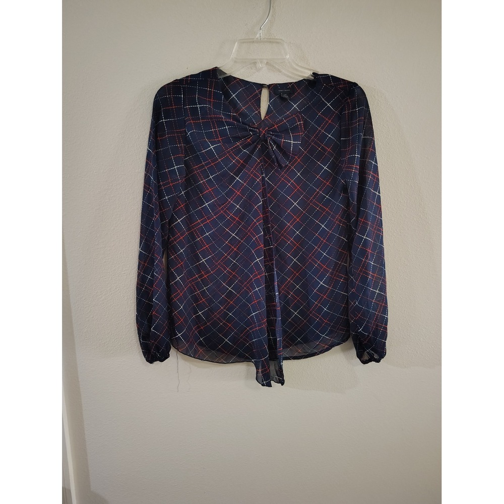 Tommy Hilfiger Girls Navy Blue Plaid Bow Accent Long Sleeve Blouse Size L 12/14